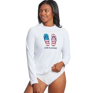 LIFE IS GOOD WOMENS AMERICANA FLIP FLOPS LONG SLEEVE RASHGUARD WHITE RED SHIRT M
